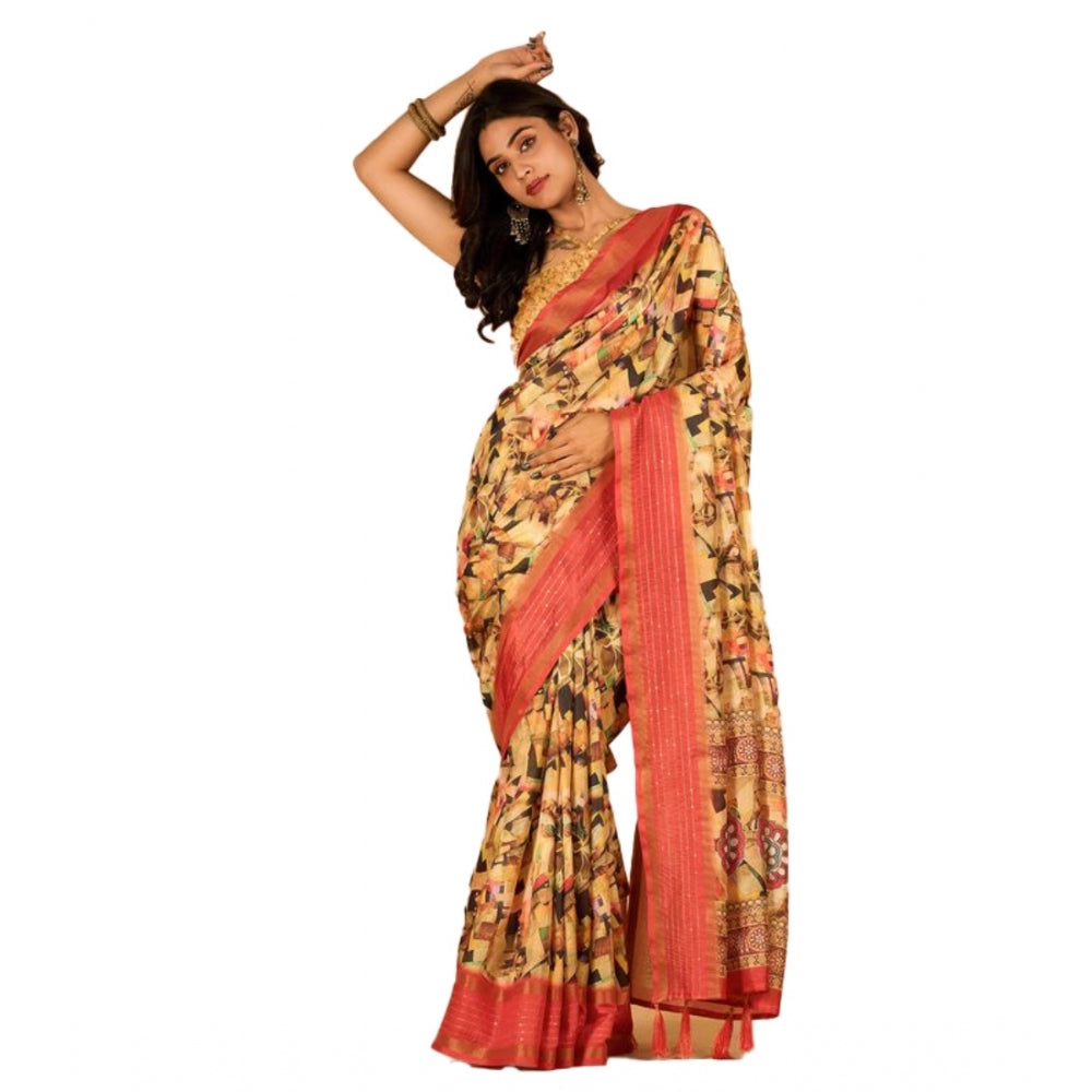 Clasymist Women's Digital Printed Saree With Unstitched Blouse (Yellow, 5-5 Mtrs)