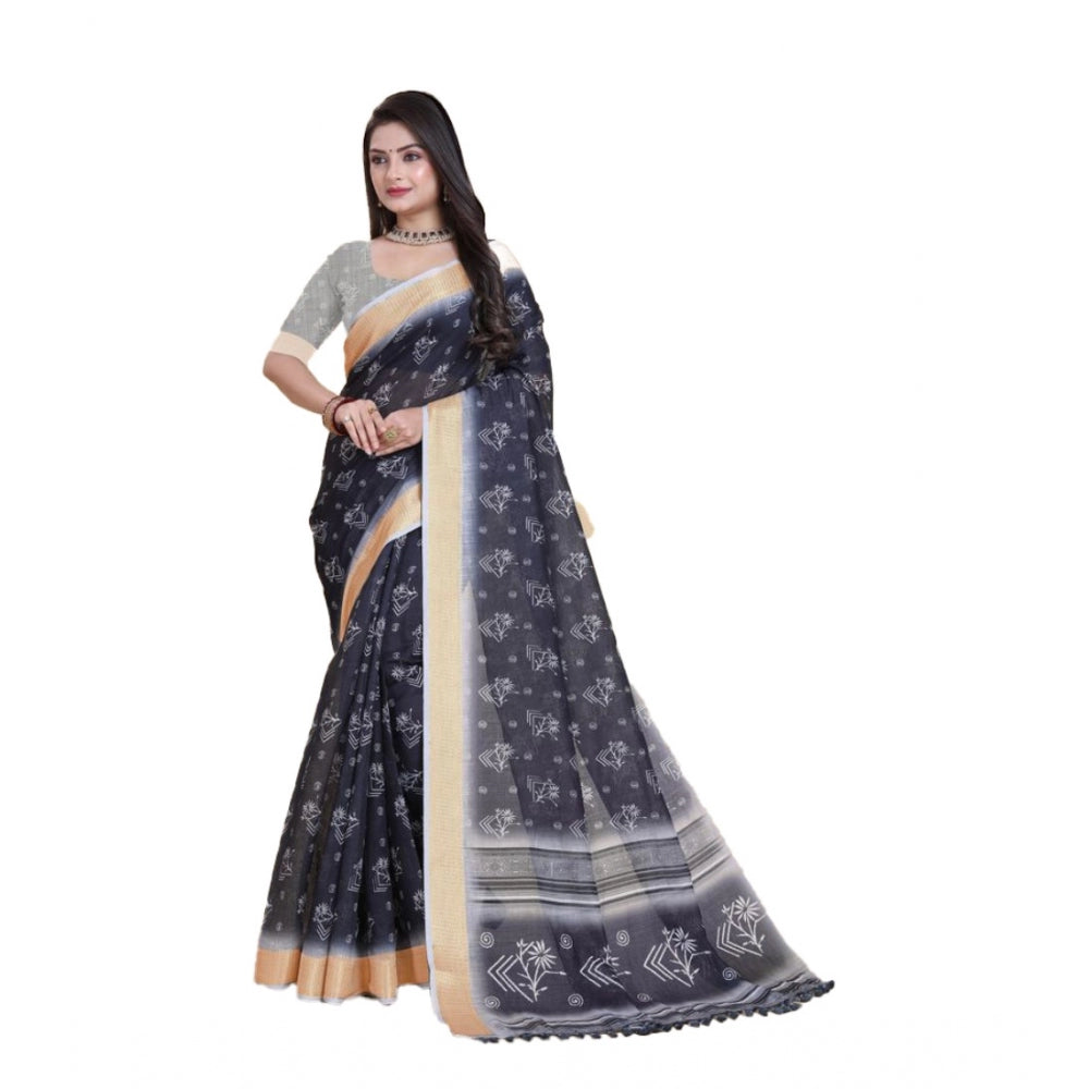 Clasymist Women's Linen Printed Saree With Unstitched Blouse (Black, 5-5 Mtrs)