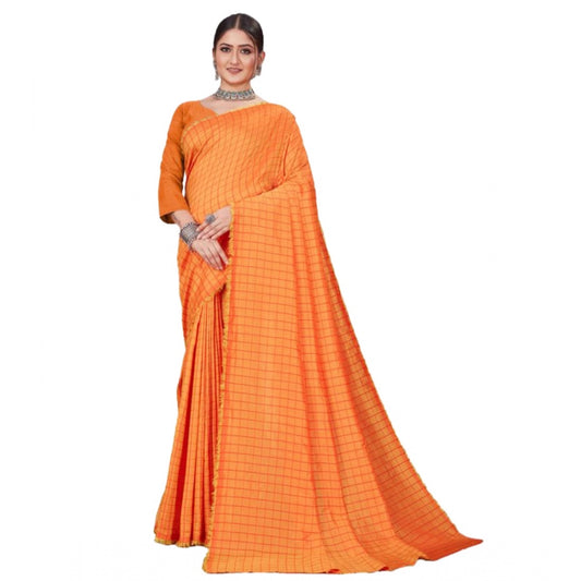 Clasymist Women's Vichitra Checked Saree With Unstitched Blouse (Orange, 5-5 Mtrs)