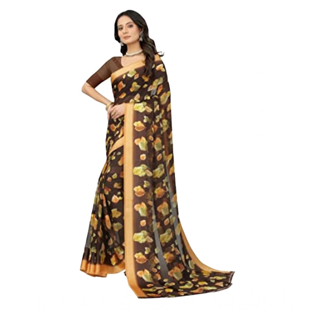 Clasymist Women's Sattin Patta Printed Saree With Unstitched Blouse (Brown, 5-5 Mtrs)