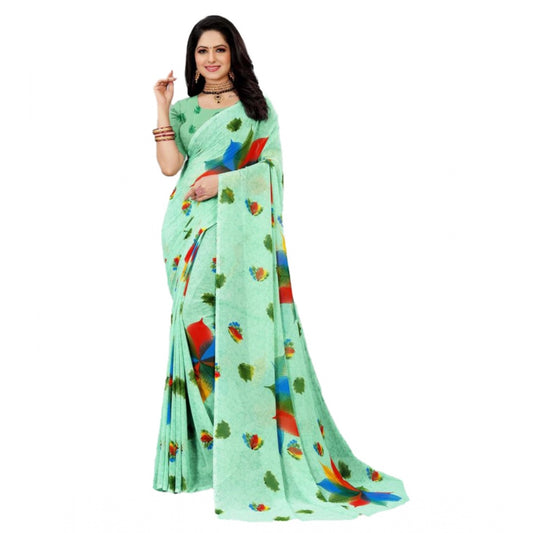 Clasymist Women's Georgette Printed Saree With Unstitched Blouse (Teal, 5-5 Mtrs)