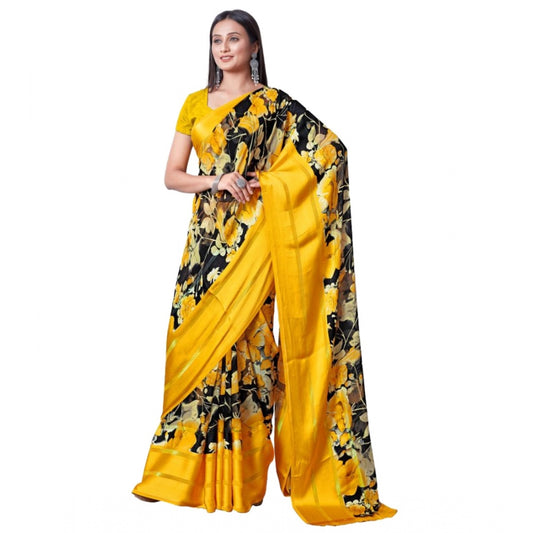 Clasymist Women's Sattin Patta Printed Saree With Unstitched Blouse (Yellow, 5-5 Mtrs)