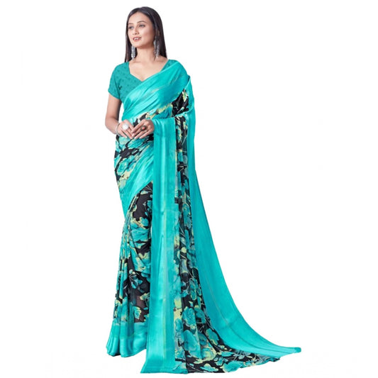 Clasymist Women's Sattin Patta Printed Saree With Unstitched Blouse (Blue, 5-5 Mtrs)