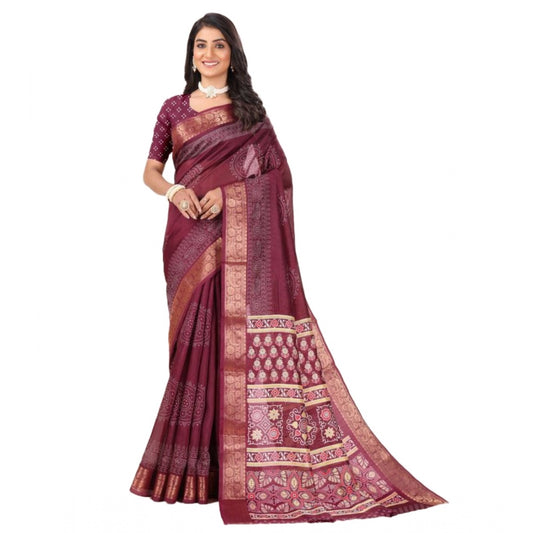 Clasymist Women's Cotton Printed Saree With Unstitched Blouse (Maroon, 5-5 Mtrs)