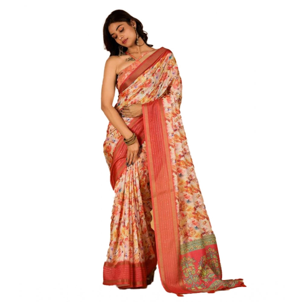 Clasymist Women's Digital Printed Saree With Unstitched Blouse (Orange, 5-5 Mtrs)