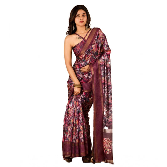 Clasymist Women's Digital Printed Saree With Unstitched Blouse (Wine, 5-5 Mtrs)