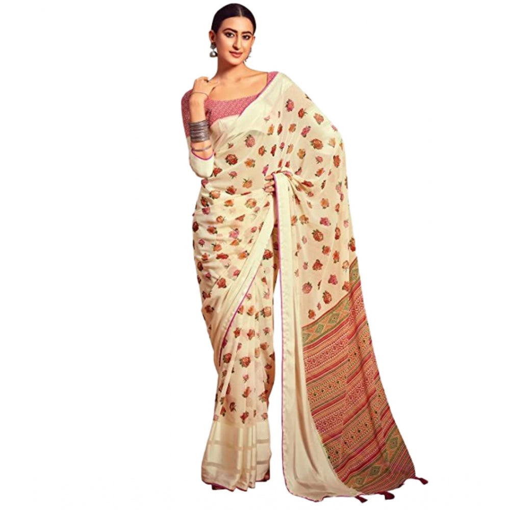 Clasymist Women's Sattin Patta Printed Saree With Unstitched Blouse (Cream, 5-5 Mtrs)