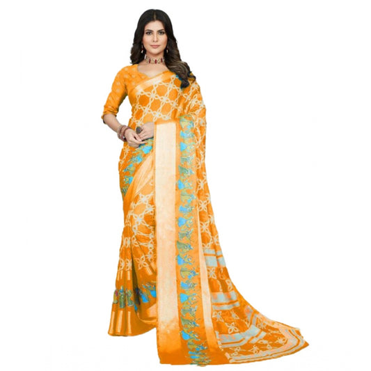 Clasymist Women's Moss Chiffon Printed Saree With Unstitched Blouse (Orange, 5-5 Mtrs)